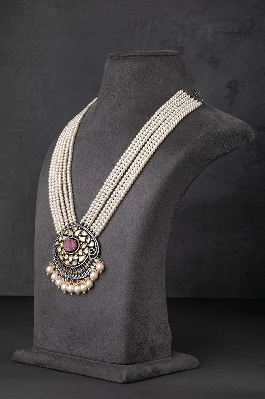 Cubic Zirconia Necklace in Black Rhodium with Pastel Pink Stone  18-Inch Adjustable Links  Elegant Jewellery