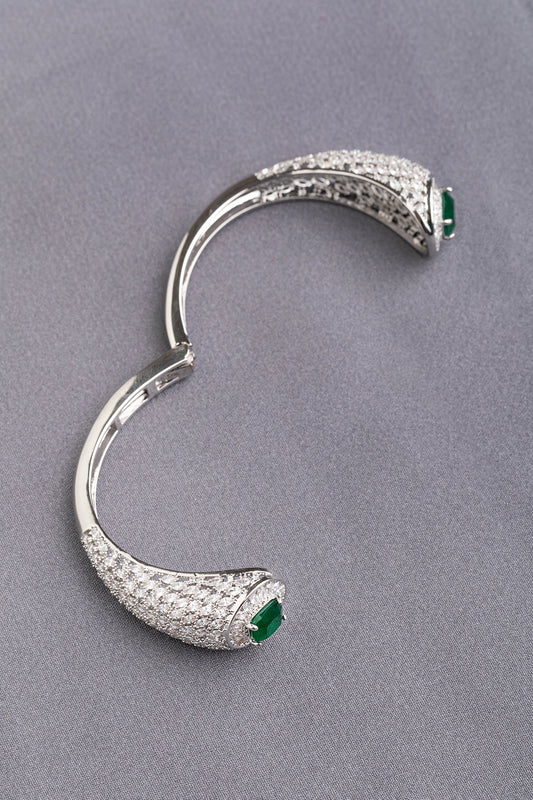 Cubic Zirconia Bracelet with Green Stone Openable Design White Rhodium Polish Elegant Jewellery