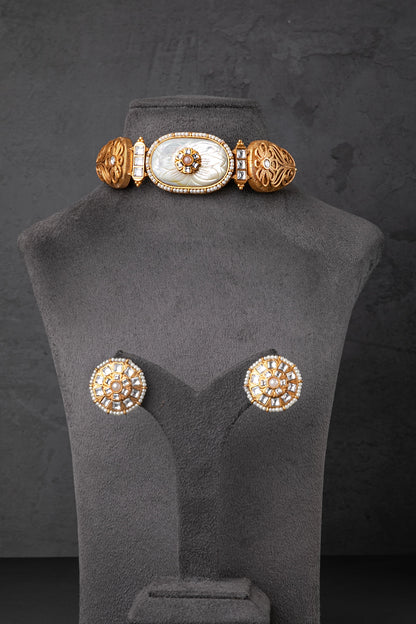 Carved Mother of Pearl (MOP) Stone Necklace with Kundan Touch  Matt Gold Polish  Adjustable Links  Elegant Jewellery