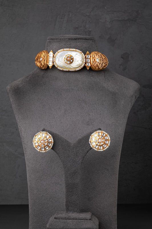 Carved Mother of Pearl (MOP) Stone Necklace with Kundan Touch  Matt Gold Polish  Adjustable Links  Elegant Jewellery