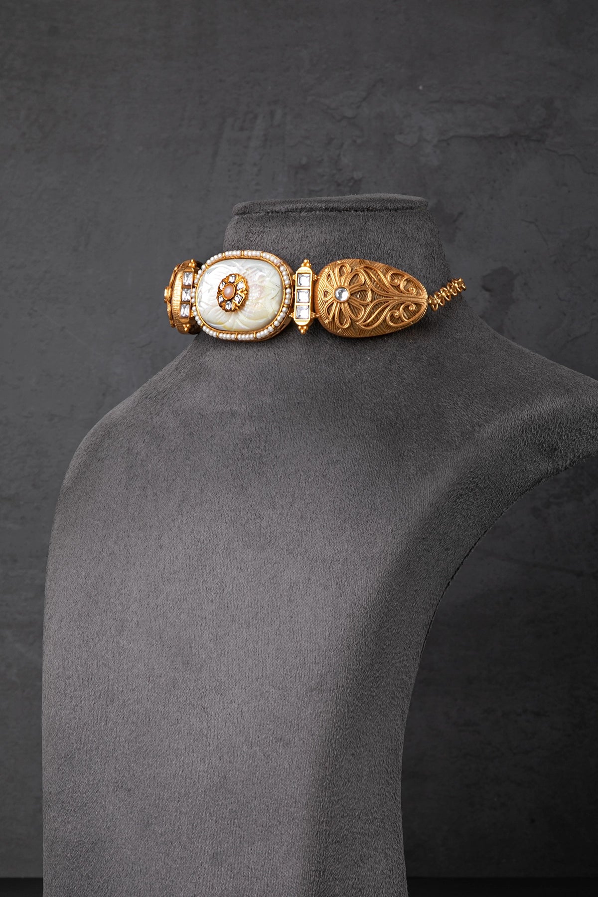 Carved Mother of Pearl (MOP) Stone Necklace with Kundan Touch  Matt Gold Polish  Adjustable Links  Elegant Jewellery