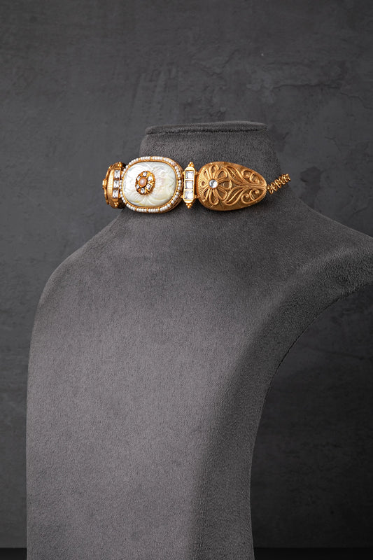 Carved Mother of Pearl (MOP) Stone Necklace with Kundan Touch  Matt Gold Polish  Adjustable Links  Elegant Jewellery