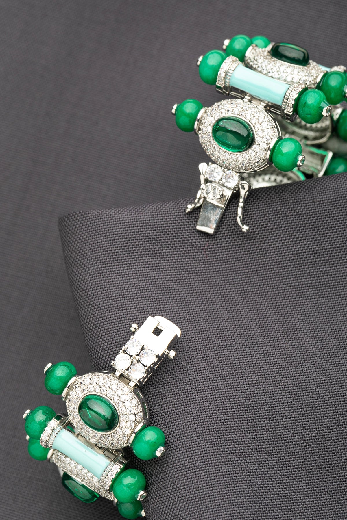 Turquoise Blue Enamel Bracelet with Green Stones  White Rhodium Polish  7-Inch Elegant Jewellery