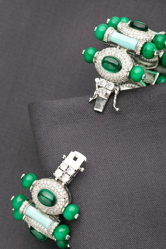 Turquoise Blue Enamel Bracelet with Green Stones  White Rhodium Polish  7-Inch Elegant Jewellery