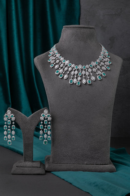 Cubic Zirconia Necklace in White Rhodium with Green Stone  18-Inch Adjustable Links  Elegant Jewellery