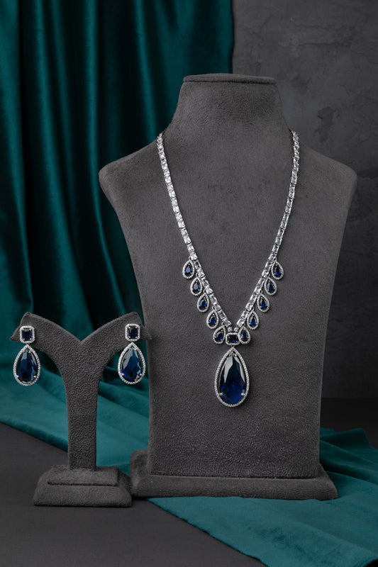 Exquisite Cubic Zirconia Jewellery Necklace in White Rhodium – Navy Blue  19-Inch Adjustable Necklace  Luxury Jewellery for Women