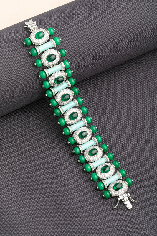 Turquoise Blue Enamel Bracelet with Green Stones White Rhodium Polish 7-Inch Elegant Jewellery