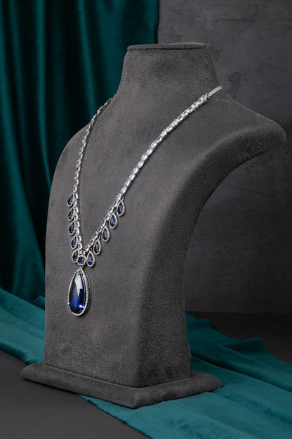 Exquisite Cubic Zirconia Jewellery Necklace in White Rhodium – Navy Blue  19-Inch Adjustable Necklace  Luxury Jewellery for Women