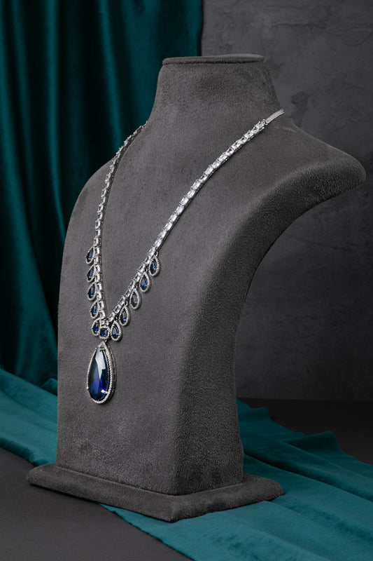 Exquisite Cubic Zirconia Jewellery Necklace in White Rhodium – Navy Blue  19-Inch Adjustable Necklace  Luxury Jewellery for Women
