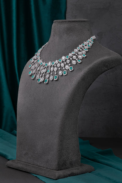 Cubic Zirconia Necklace in White Rhodium with Green Stone  18-Inch Adjustable Links  Elegant Jewellery