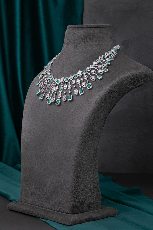 Cubic Zirconia Necklace in White Rhodium with Green Stone  18-Inch Adjustable Links  Elegant Jewellery