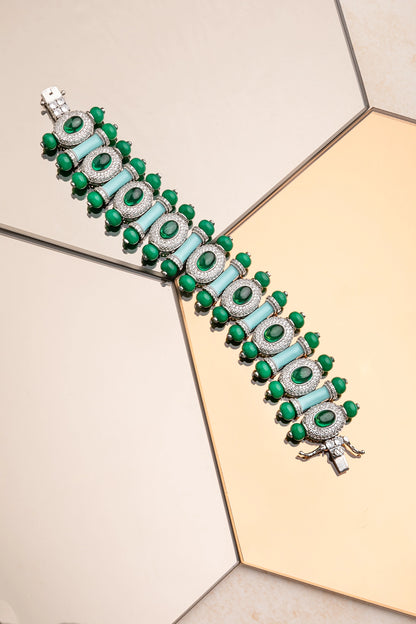 Turquoise Blue Enamel Bracelet with Green Stones  White Rhodium Polish  7-Inch Elegant Jewellery