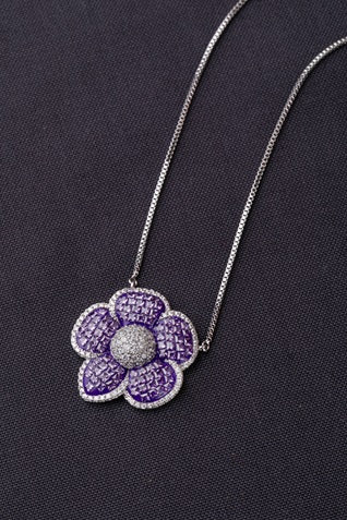 Cubic Zirconia Flower Pendant in Invisible Setting Purple Stone White Rhodium Finish Adjustable 16-Inch Chain