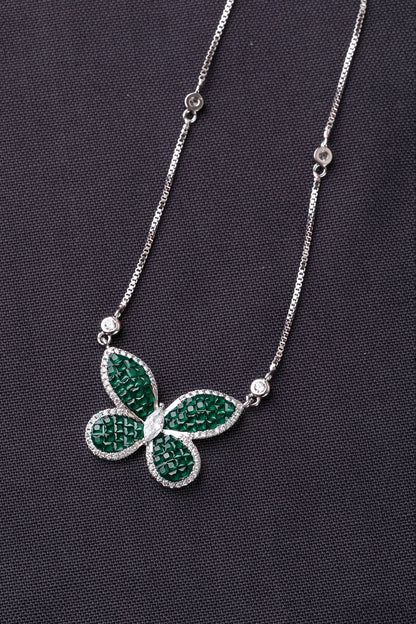 Cubic Zirconia Butterfly Pendant in Invisible Setting Green Stone White Rhodium Finish Adjustable 16-Inch Chain