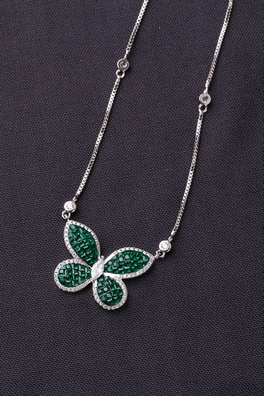 Cubic Zirconia Butterfly Pendant in Invisible Setting Green Stone White Rhodium Finish Adjustable 16-Inch Chain