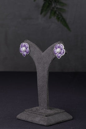 Cubic Zirconia Flower Pendant in Invisible Setting  Purple Stone  White Rhodium Finish  Adjustable 16-Inch Chain