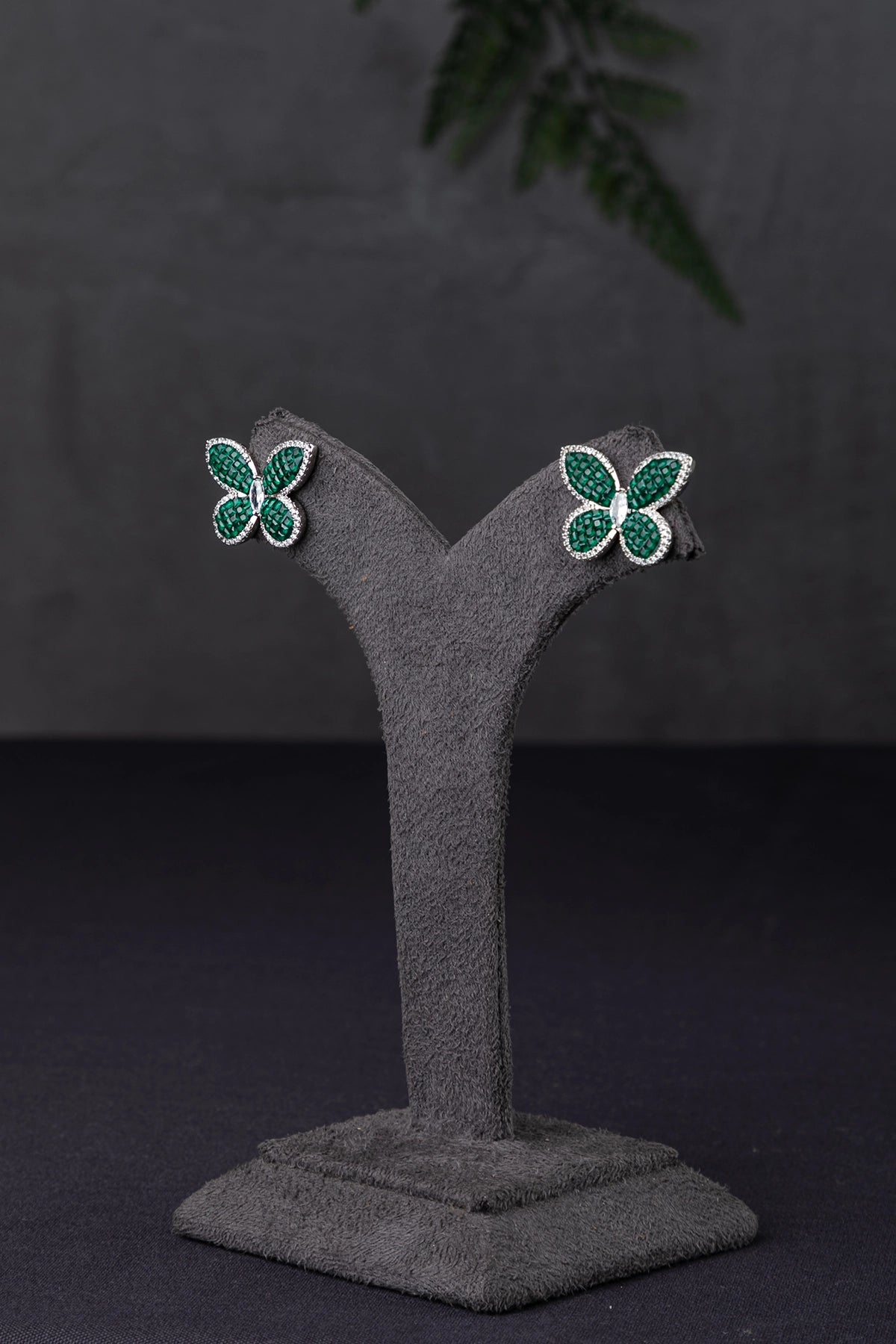 Cubic Zirconia Butterfly Pendant in Invisible Setting  Green Stone  White Rhodium Finish  Adjustable 16-Inch Chain