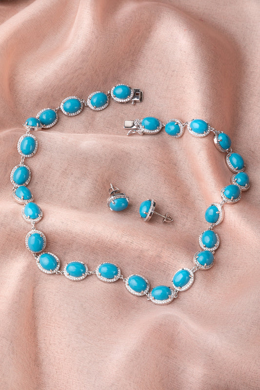 Turquoise Blue Stone Necklace Set with Cubic Zirconia  White Rhodium Polish  16-Inch Adjustable Links