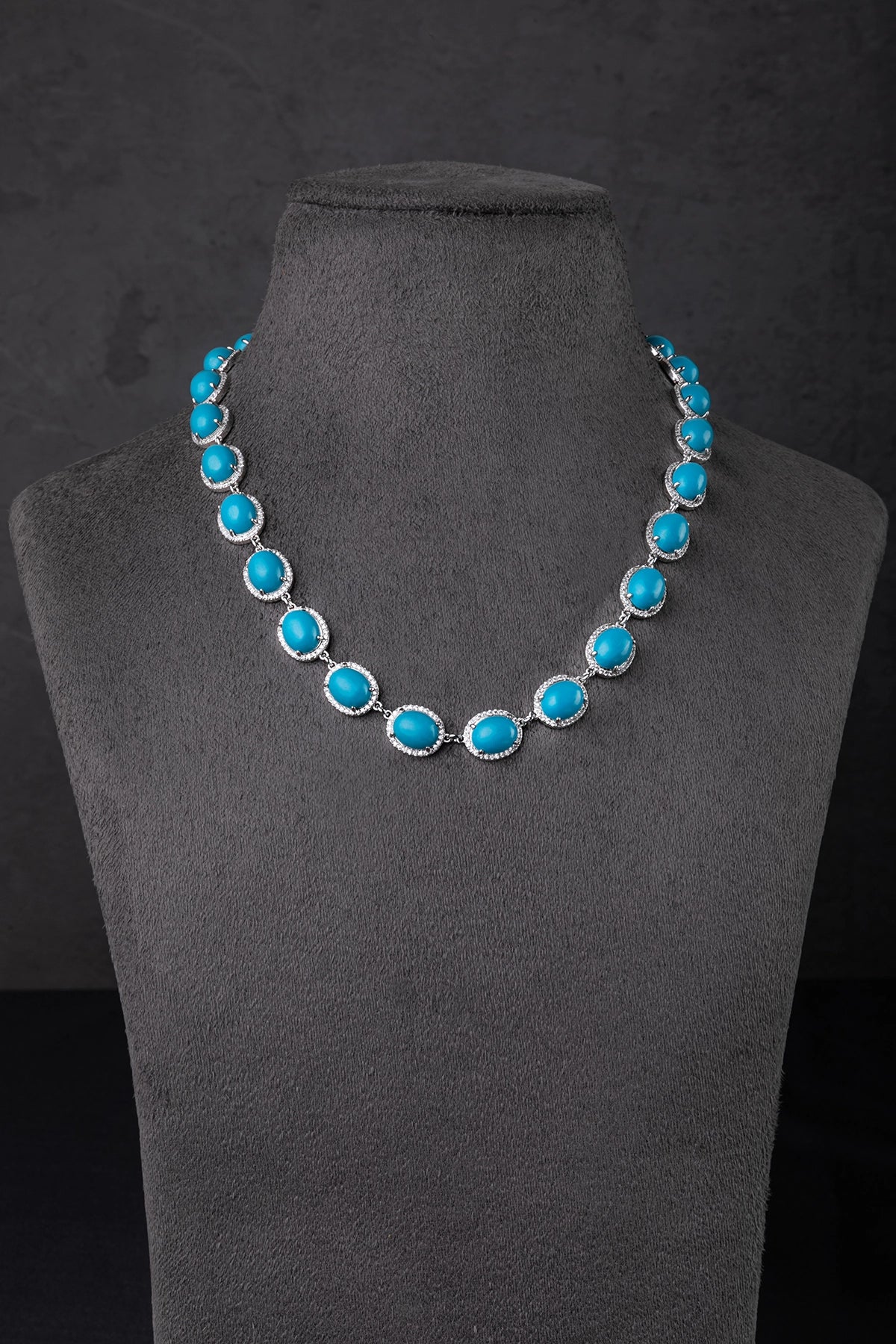 Turquoise Blue Stone Necklace Set with Cubic Zirconia  White Rhodium Polish  16-Inch Adjustable Links