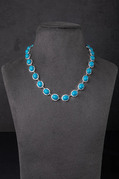 Turquoise Blue Stone Necklace Set with Cubic Zirconia  White Rhodium Polish  16-Inch Adjustable Links