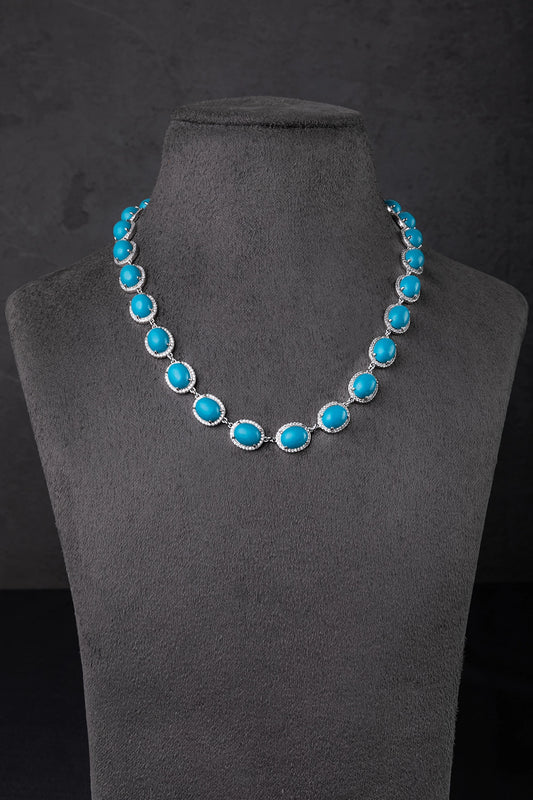 Turquoise Blue Stone Necklace Set with Cubic Zirconia  White Rhodium Polish  16-Inch Adjustable Links