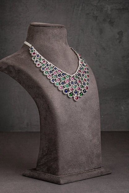 Vibrant Cubic Zirconia Jewellery Necklace in White Rhodium – Multicoloured  16-Inch Adjustable Necklace  Luxury Jewellery for Women