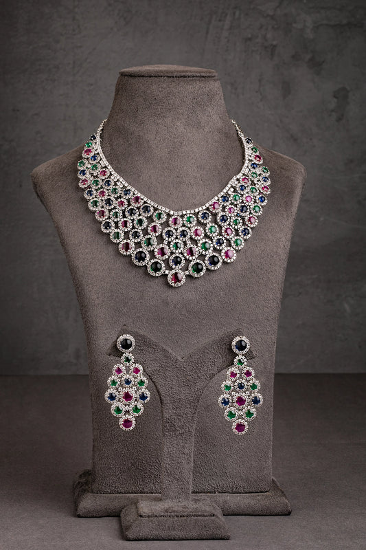Vibrant Cubic Zirconia Jewellery Necklace in White Rhodium – Multicoloured  16-Inch Adjustable Necklace  Luxury Jewellery for Women