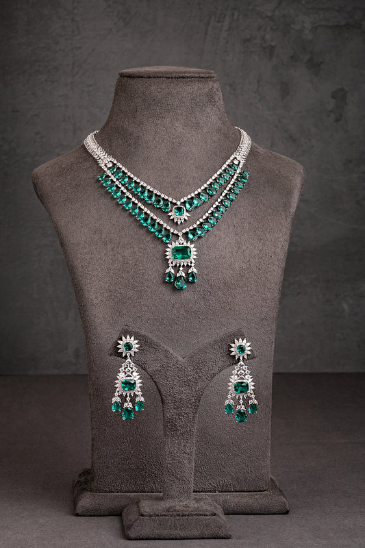 Cubic Zirconia Necklace in White Rhodium with Turquoise Blue  18-Inch Adjustable Links  Elegant Jewellery