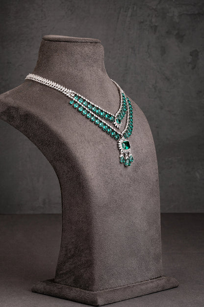 Cubic Zirconia Necklace in White Rhodium with Turquoise Blue  18-Inch Adjustable Links  Elegant Jewellery