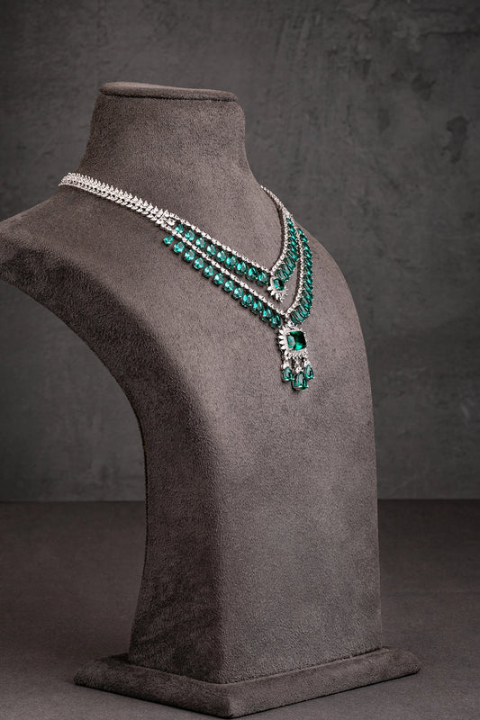 Cubic Zirconia Necklace in White Rhodium with Turquoise Blue  18-Inch Adjustable Links  Elegant Jewellery