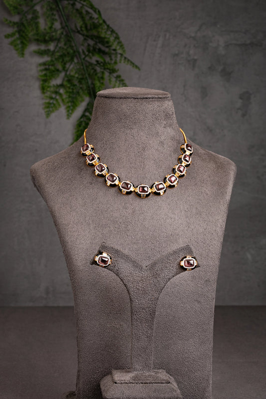 Enameled Cubic Zirconia Necklace  Gold Polish  15-Inch Adjustable Loops  Elegant Jewellery