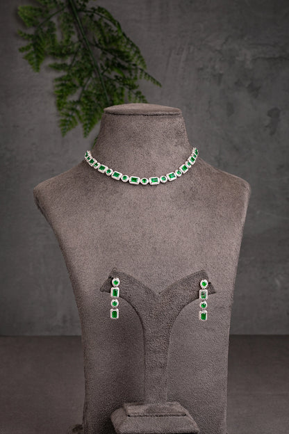 Cubic Zirconia Necklace in White Rhodium with Green Stone  7-Inch Adjustable Chain  Elegant Jewellery