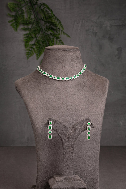 Cubic Zirconia Necklace in White Rhodium with Green Stone  7-Inch Adjustable Chain  Elegant Jewellery