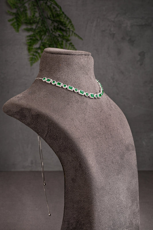 Cubic Zirconia Necklace in White Rhodium with Green Stone 7-Inch Adjustable Chain Elegant Jewellery