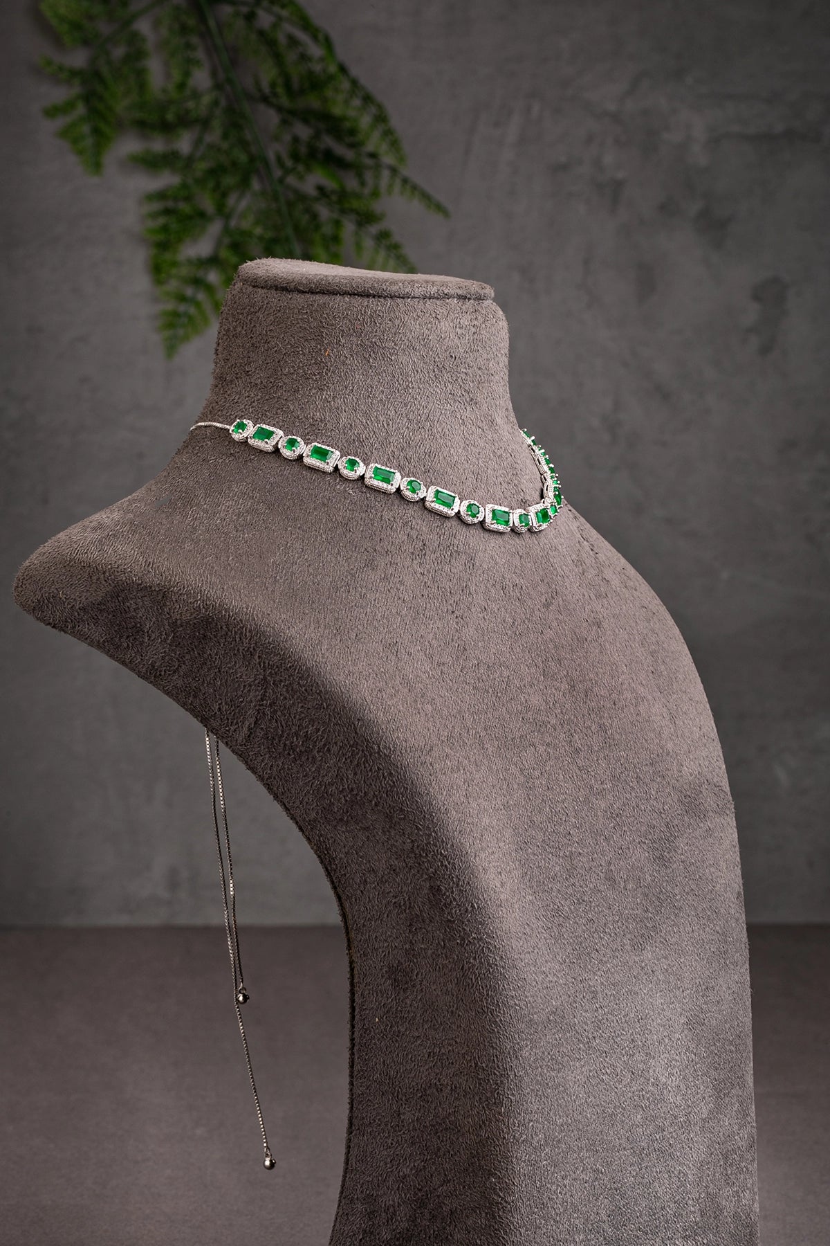 Cubic Zirconia Necklace in White Rhodium with Green Stone  7-Inch Adjustable Chain  Elegant Jewellery