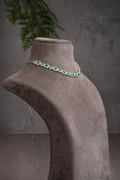 Cubic Zirconia Necklace in White Rhodium with Green Stone  7-Inch Adjustable Chain  Elegant Jewellery