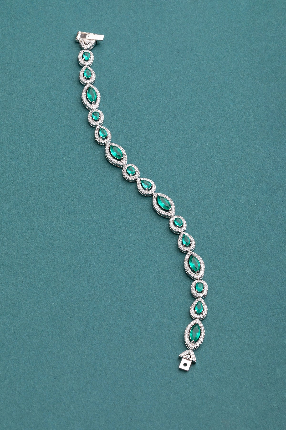 Elegant Tennis Bracelet in White Rhodium Polish  6.5-Inch Green Stone Jewellery