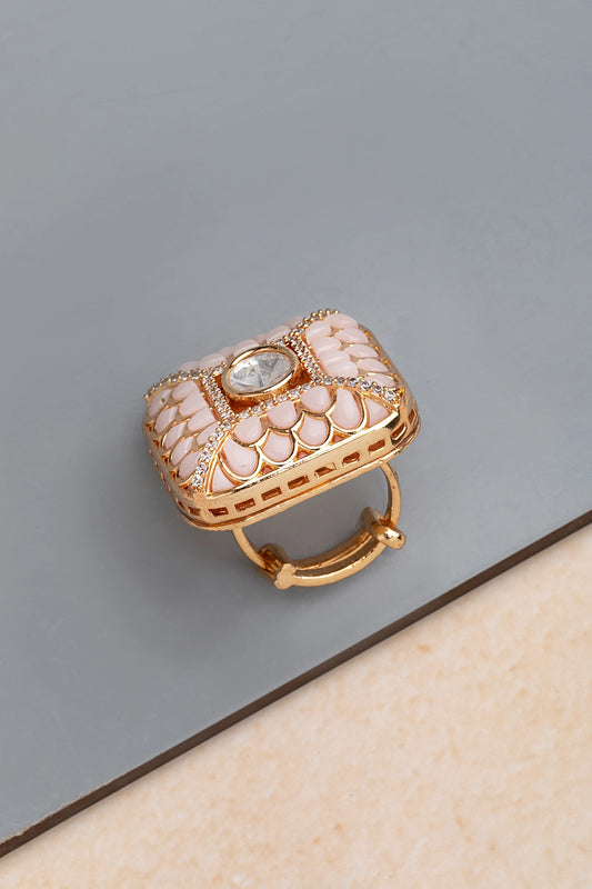 Kundan Indowestern Ring in Powder Pink Subtle Gold Polish Adjustable Size