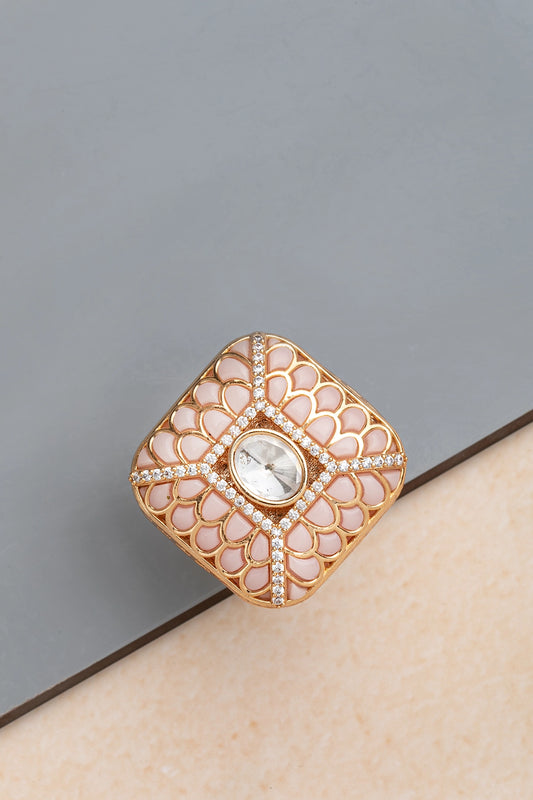 Kundan Indowestern Ring in Powder Pink  Subtle Gold Polish  Adjustable Size