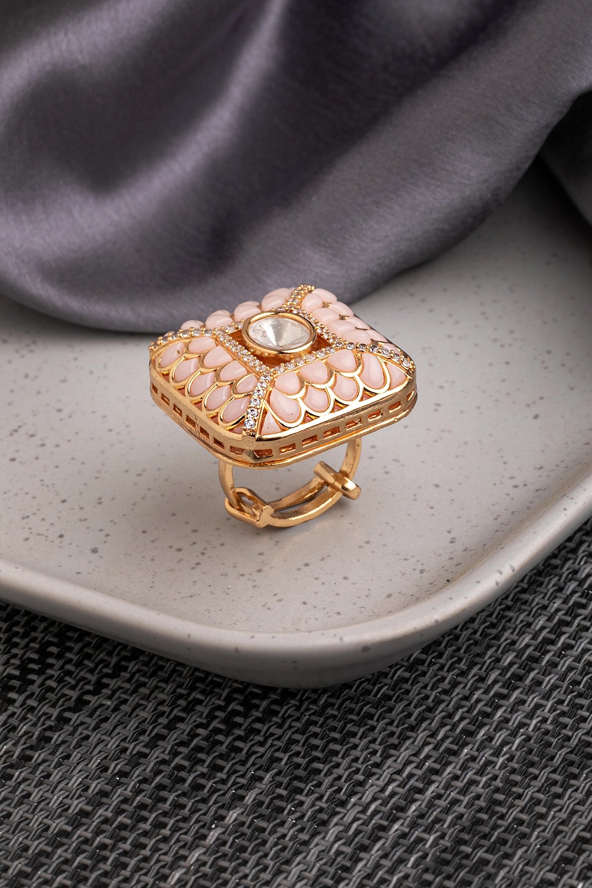 Kundan Indowestern Ring in Powder Pink  Subtle Gold Polish  Adjustable Size