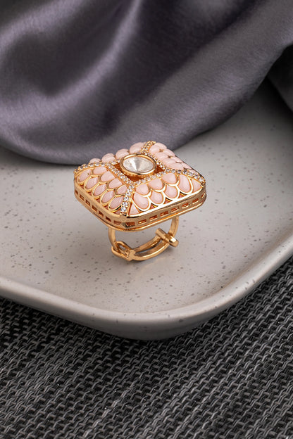 Kundan Indowestern Ring in Powder Pink  Subtle Gold Polish  Adjustable Size