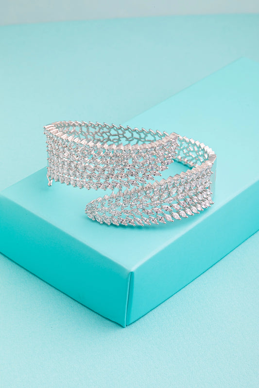 Micro Setting of Stones Bracelet Openable Design White Rhodium Polish Elegant Jewellery (kada style)