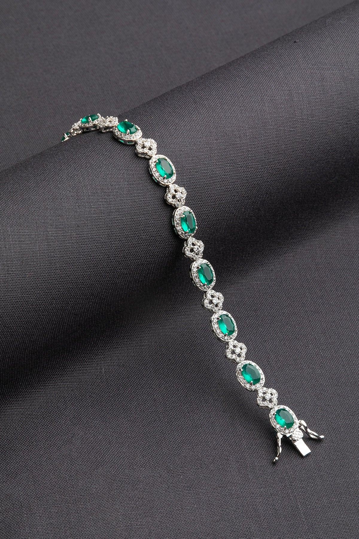 Cubic Zirconia Bracelet in White Rhodium with Green Stone  6.5-Inch Elegant Jewellery