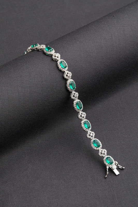 Cubic Zirconia Bracelet in White Rhodium with Green Stone  6.5-Inch Elegant Jewellery