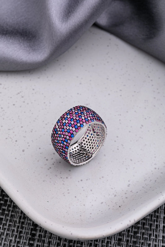 Multicoloured Stone Ring White Rhodium Finish Indian Size 9