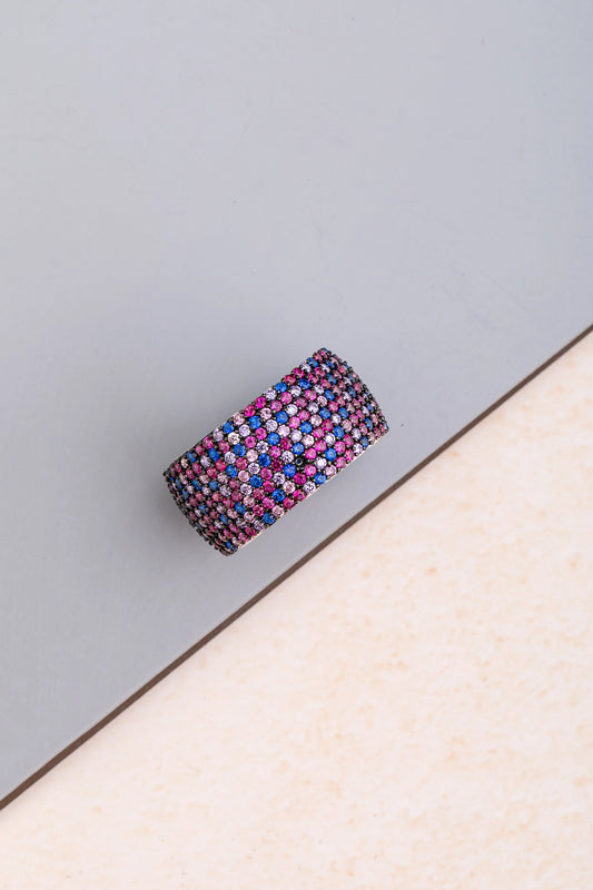Multicoloured Stone Ring  White Rhodium Finish  Indian Size 9