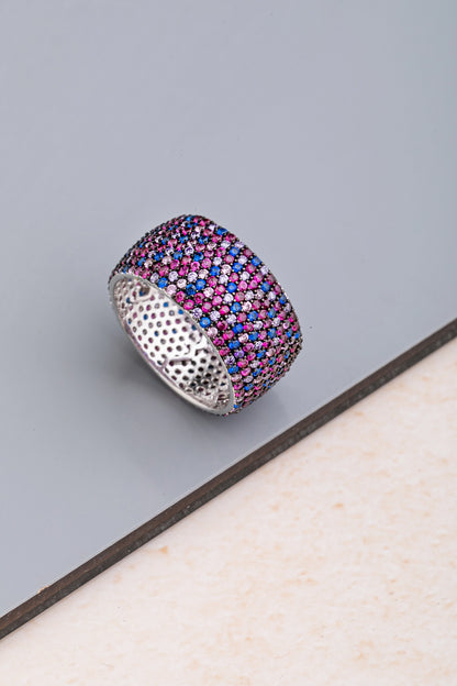 Multicoloured Stone Ring  White Rhodium Finish  Indian Size 9