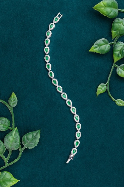 Emerald Colour Drop-Shaped Stone with CZ Diamond Border  White Rhodium Polish  6.5-Inch Elegant Jewellery