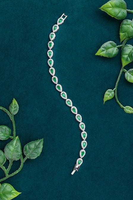 Emerald Colour Drop-Shaped Stone with CZ Diamond Border  White Rhodium Polish  6.5-Inch Elegant Jewellery
