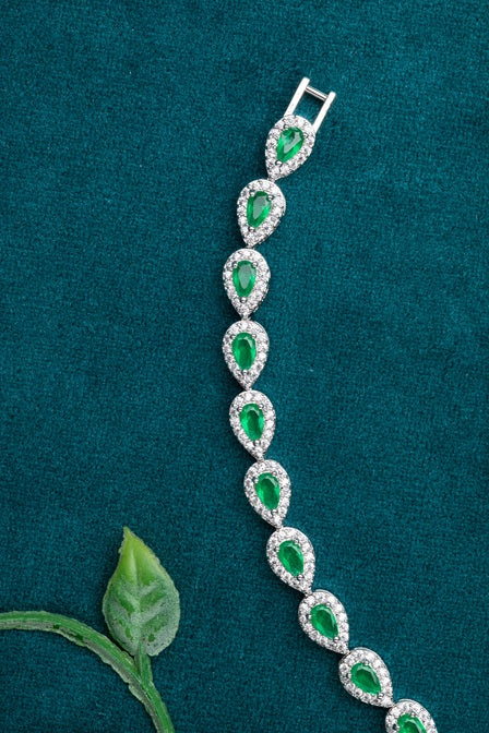 Emerald Colour Drop-Shaped Stone with CZ Diamond Border  White Rhodium Polish  6.5-Inch Elegant Jewellery